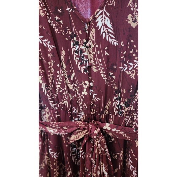 Calvin Klein Burgundy Cream Floral Ruffle Sheer Sleeve Midi V-Neck Dress 12 - Picture 3 of 5
